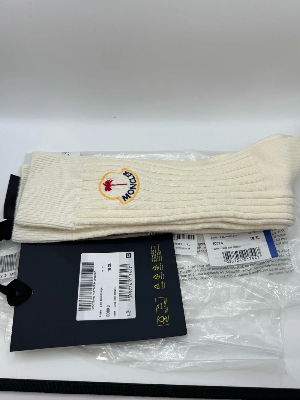 Moncler Cream Ribbed Logo Socks